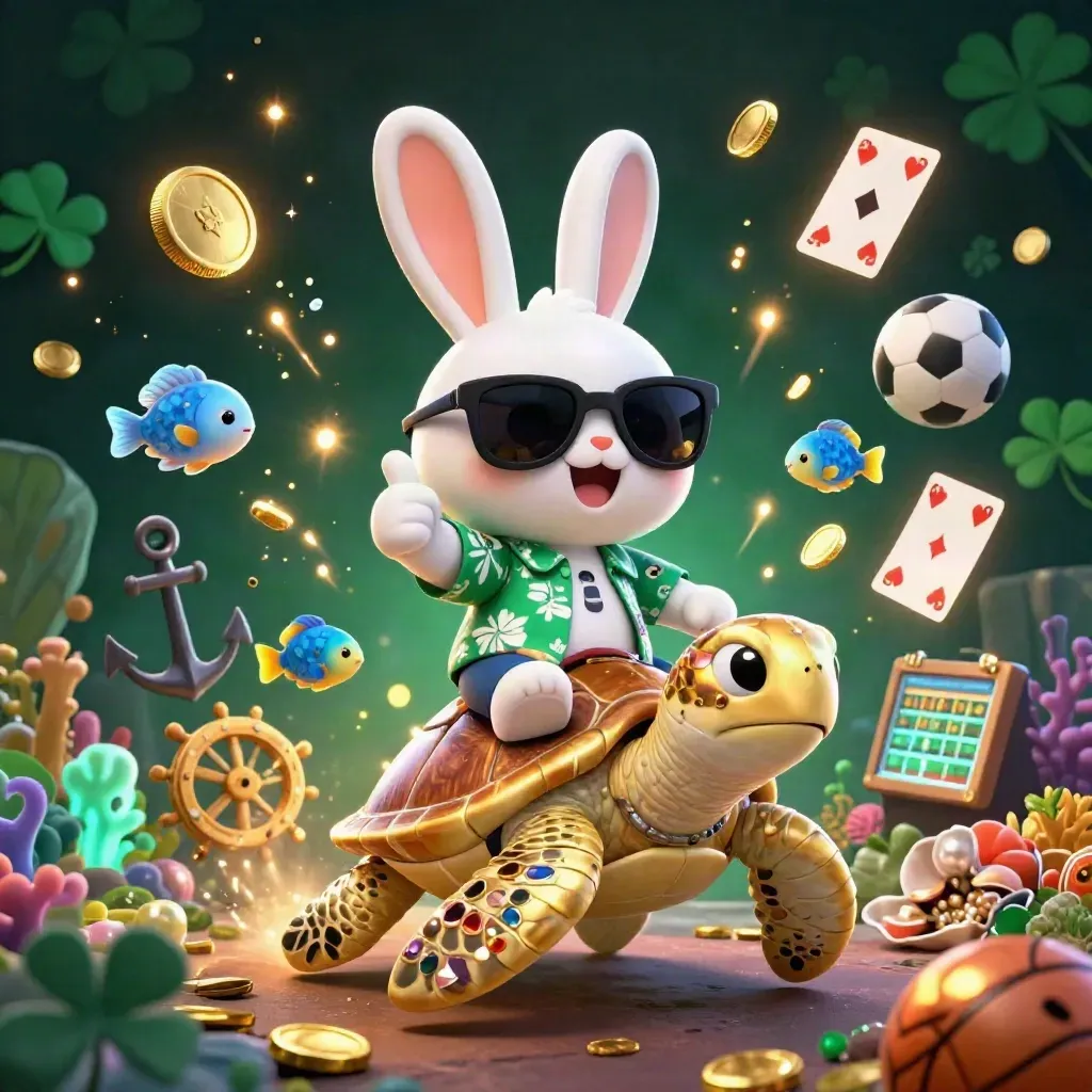 Lucky rabbit rides a gem turtle through a coin-filled treasure cove with sports props and fireworks.