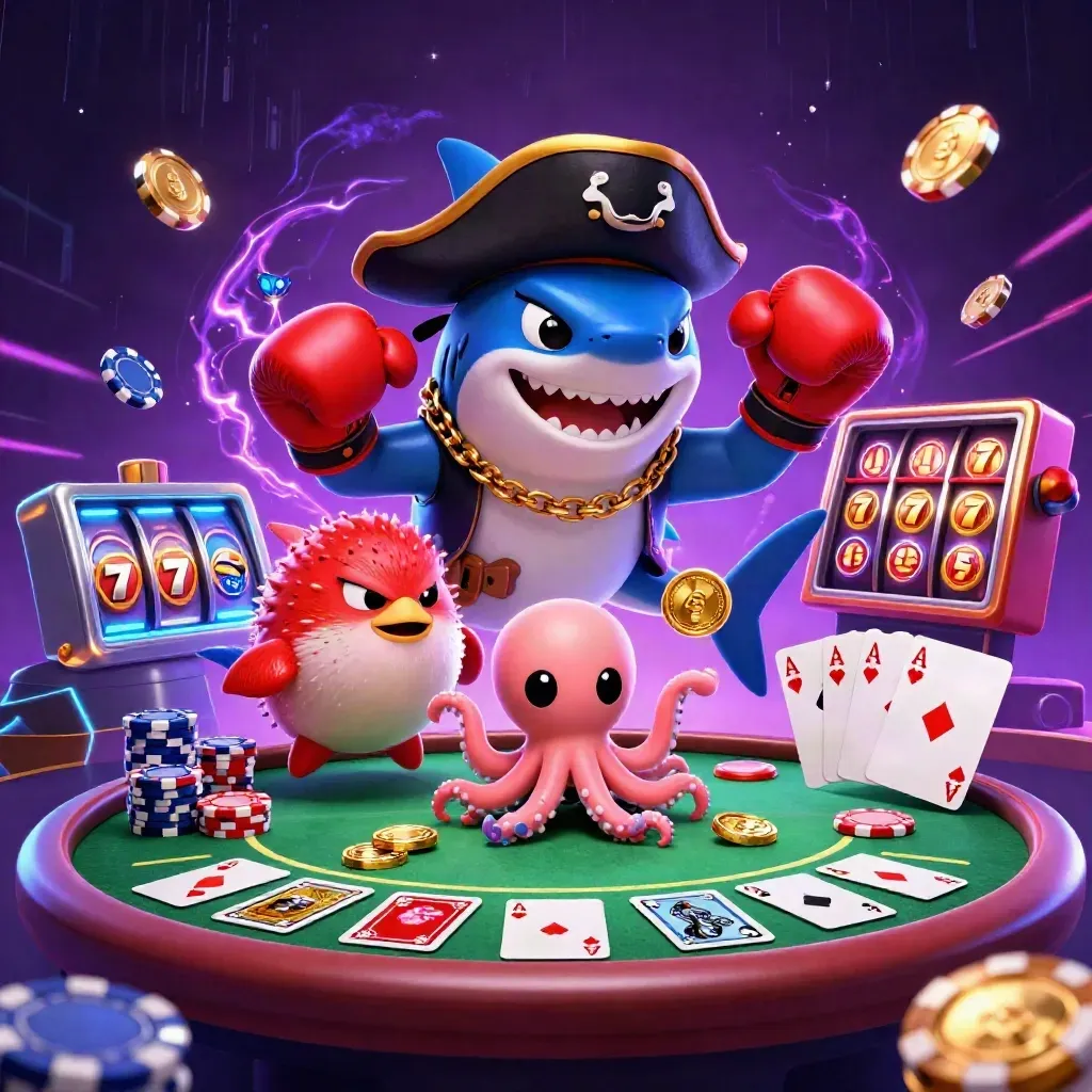 Pirate shark, boxing pufferfish, and coin-juggling octopus amid neon casino chaos