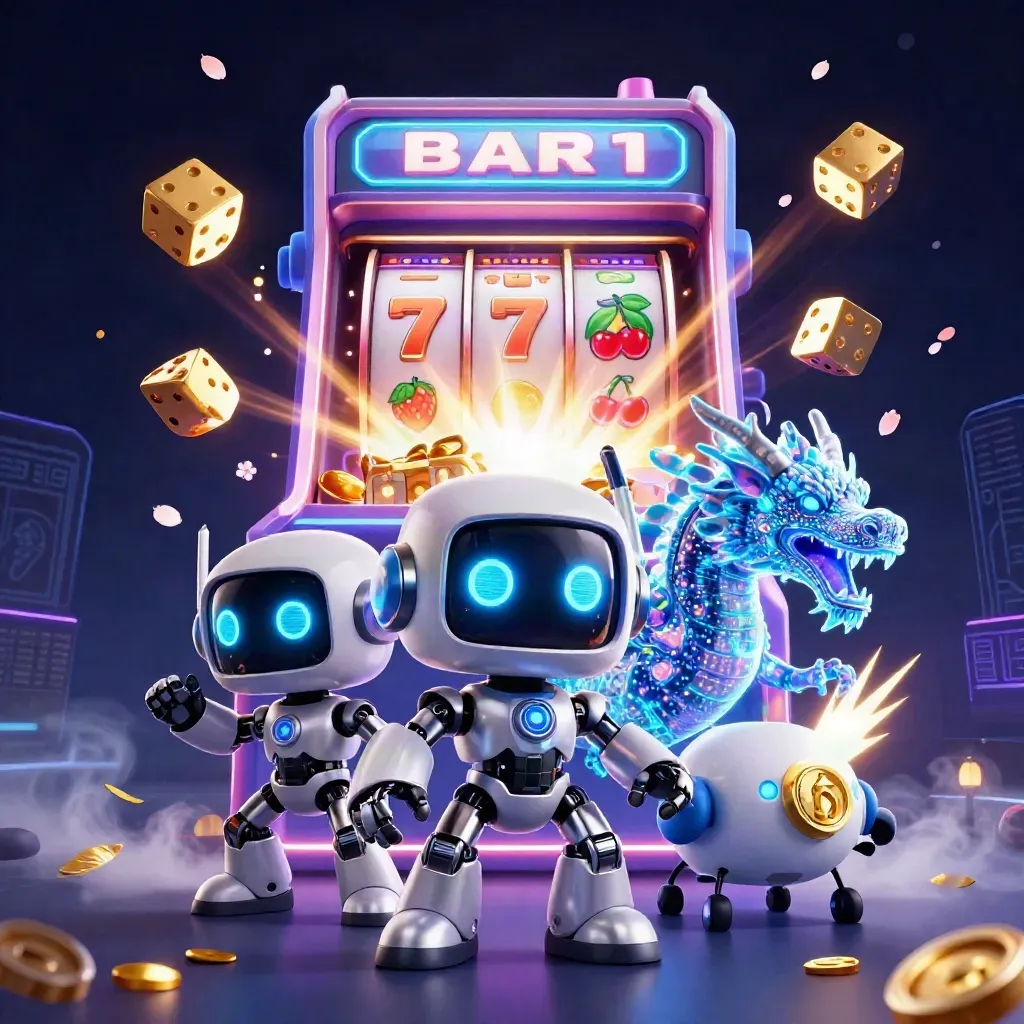 Cyberpunk robot, holographic dragon, drone, and slot machine burst on a neon dark casino background.