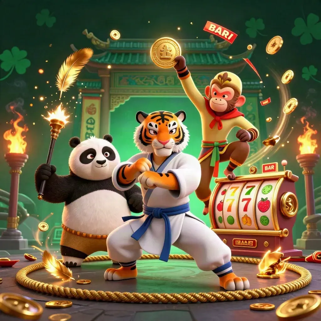 Tiger master, panda disciple, and monkey student in a neon casino kung-fu scene with coins and reels.