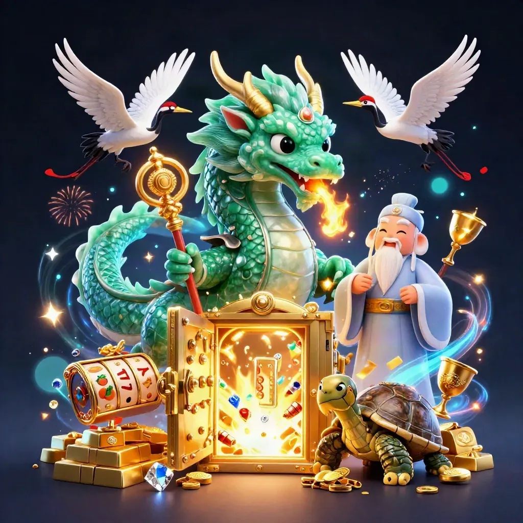 Emerald dragon, turtle sage, and cranes amid gold vault, reels, and neon casino magic.