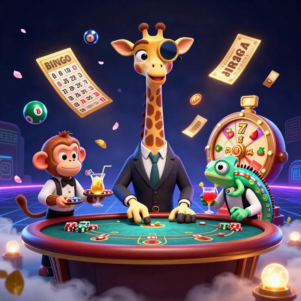 Suit-wearing giraffe, monkey valet, and chameleon bartender in a neon casino burst of reels and chips.