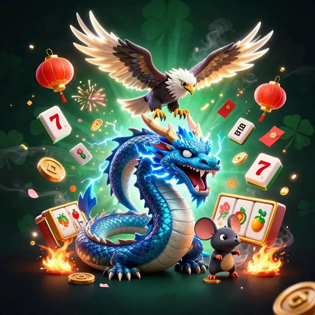 Thunder dragon, wind hawk and crackling mouse amid casino symbols on a dark neon emerald background.