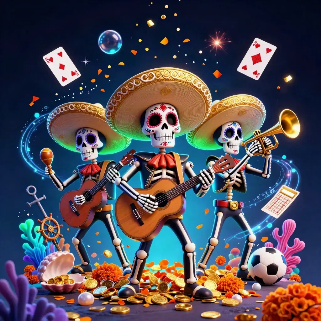 Day-of-the-Dead mariachi skeleton trio amid treasure cove sparks, coins, coral, and neon casino glow