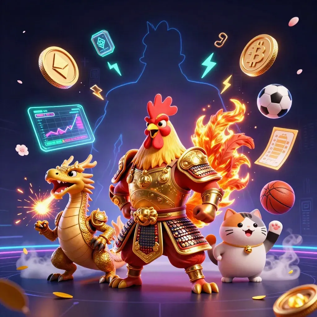 Rooster samurai, dragon hatchling, and fortune-cat amid neon coins, sparks, and sports icons