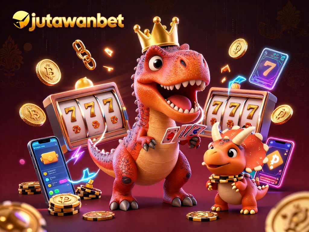 Experience thrilling gameplay with jutawanbet's lively T-Rex and friends amidst vibrant casino elements.