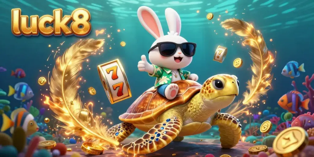 Engage with luck8's vibrant underwater casino adventure featuring a lucky rabbit and turtle.