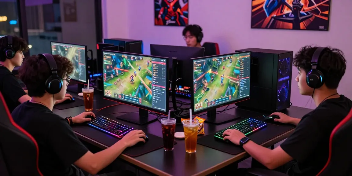 Exciting gaming scene with players engaged in go8, showcasing vibrant screens and tech gear.