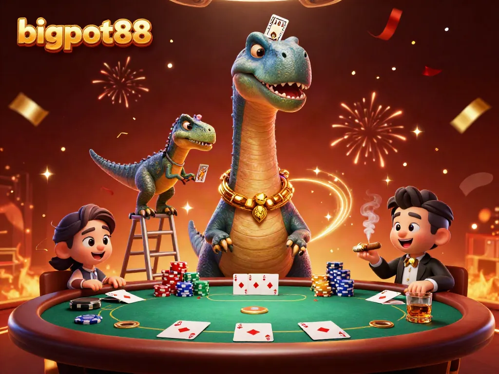Experience bigpot88 excitement with a playful brontosaurus and clever raptor at a lively poker table.