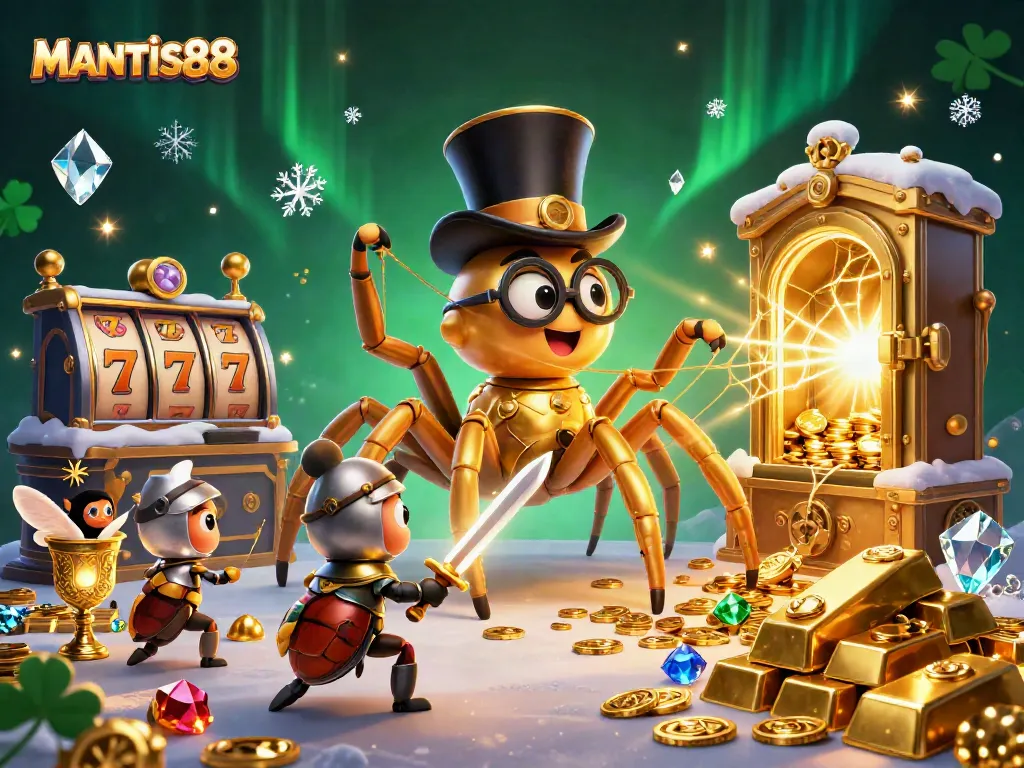 Experience the thrill of MANTIS88 with vibrant casino-themed 3D illustration featuring characters and treasures.