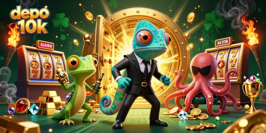 Experience the thrilling action of depo 10k slots with vibrant characters and dazzling casino elements.
