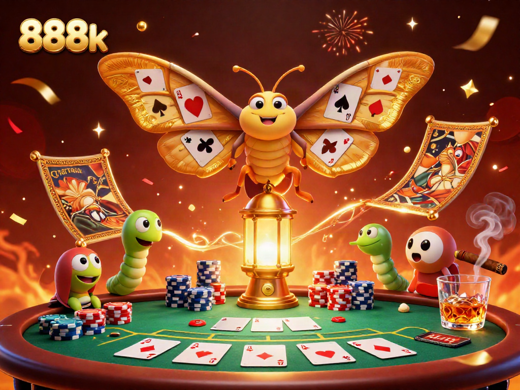 Engage with 888k’s thrilling casino scene featuring a majestic moth and poker elements.