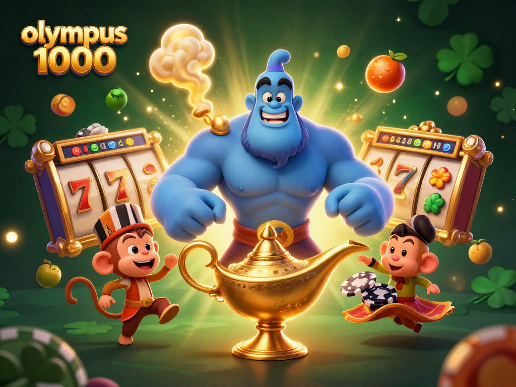 Mengalami kemenangan jackpot maksimum di Olympus 1000 dengan simbol slot dan karakter berwarna-warni.