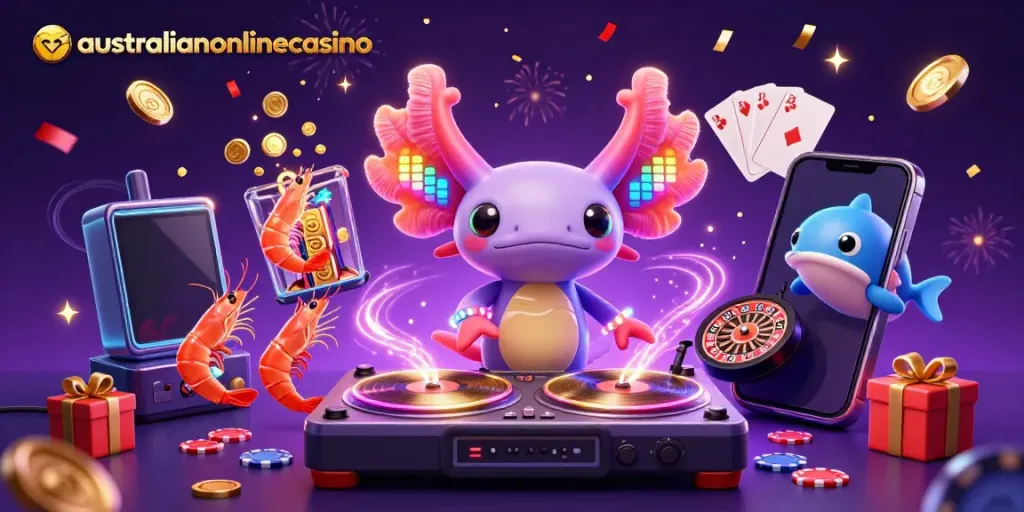 A vibrant 3D scene showcasing the australianonlinecasino theme with a neon-colored axolotl DJ and interactive game elements.