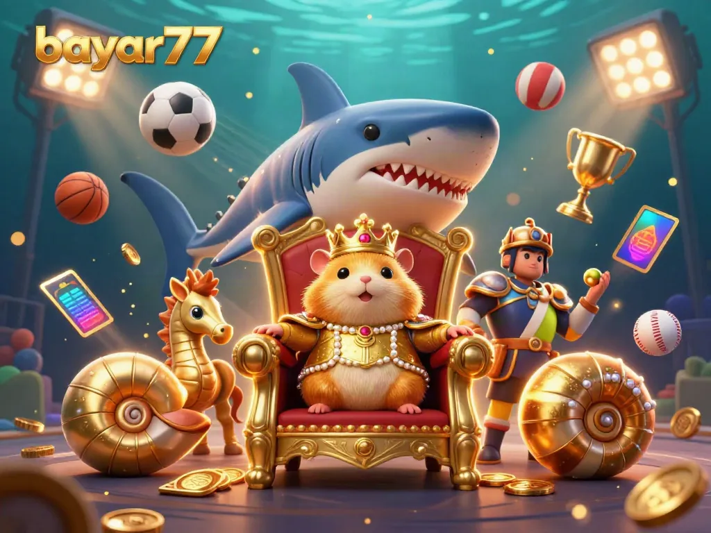 Play thrilling games with bayar77 featuring a golden hamster king on a megalodon throne surrounded by sports elements.