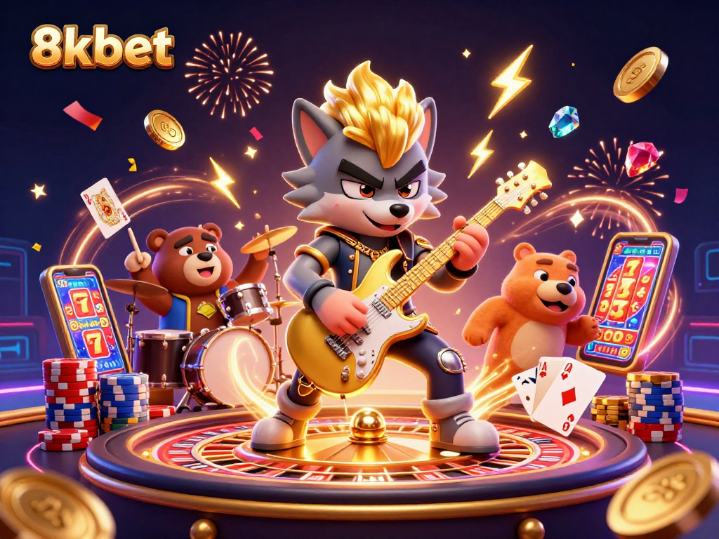 Experience the excitement of 8xbet with gold coins, a wolf guitarist, and casino elements bursting with energy.