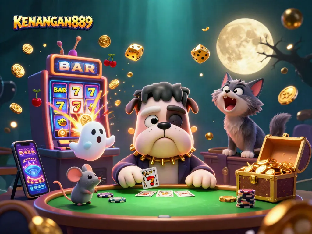 Experience thrilling gameplay at KENANGAN889 with a vibrant casino scene featuring dynamic characters and exciting game elements.