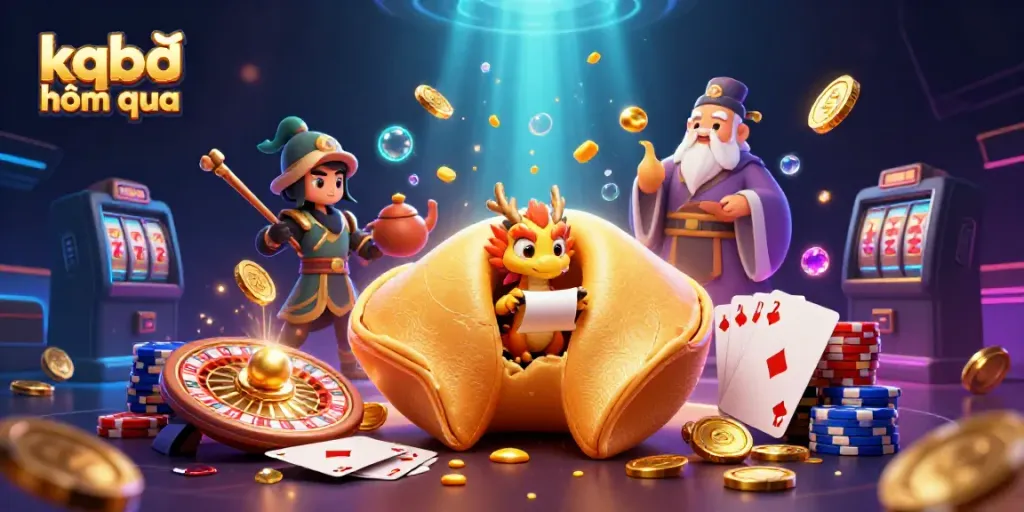 Experience kqbđ hôm qua with animated characters, golden coins, and dynamic casino elements in a vibrant setting.