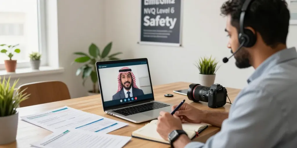 NVQ Level 6 in Saudi Arabia training scene showcasing a professional engaged in online learning.