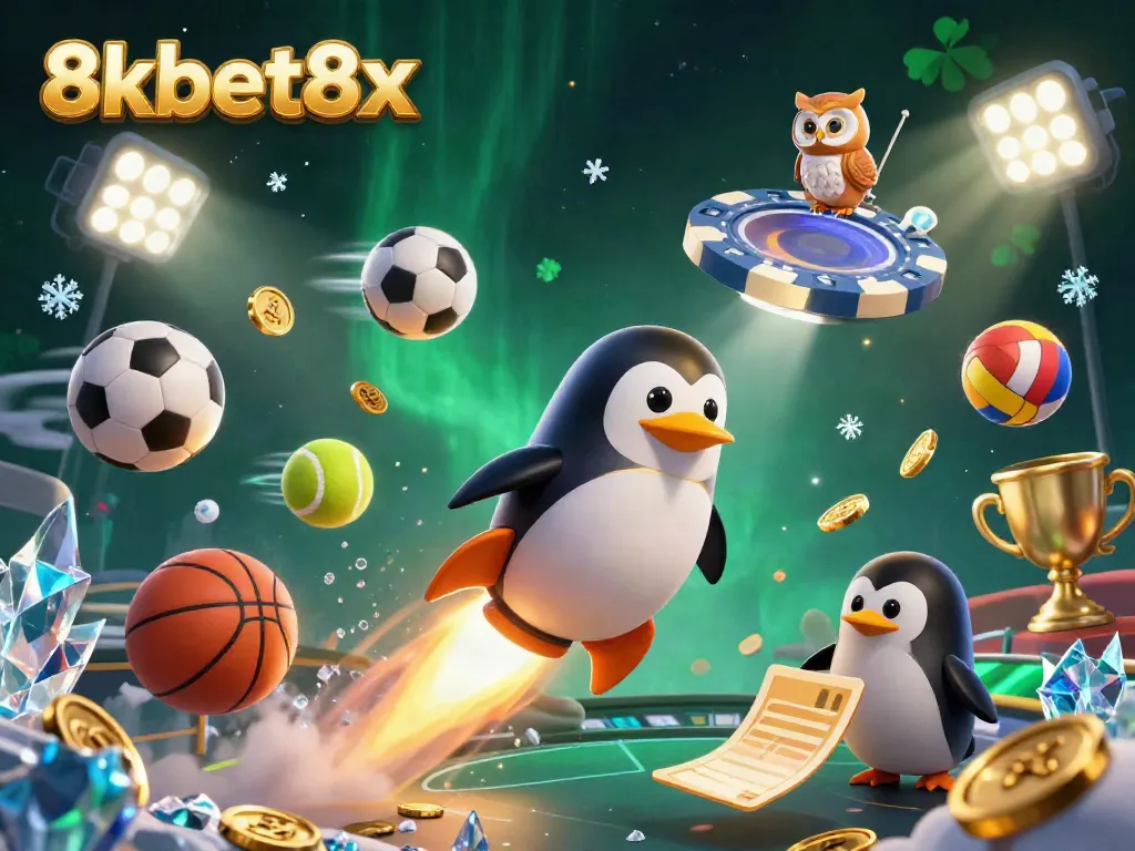 Experience thrilling action at 8xbet8x with a golden penguin racing to a casino station amid sports elements.