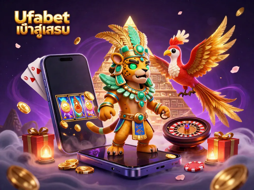 Unlock the fun of online gaming with Ufabet เข้าสู่ระบบ in a vibrant casino-themed illustration.