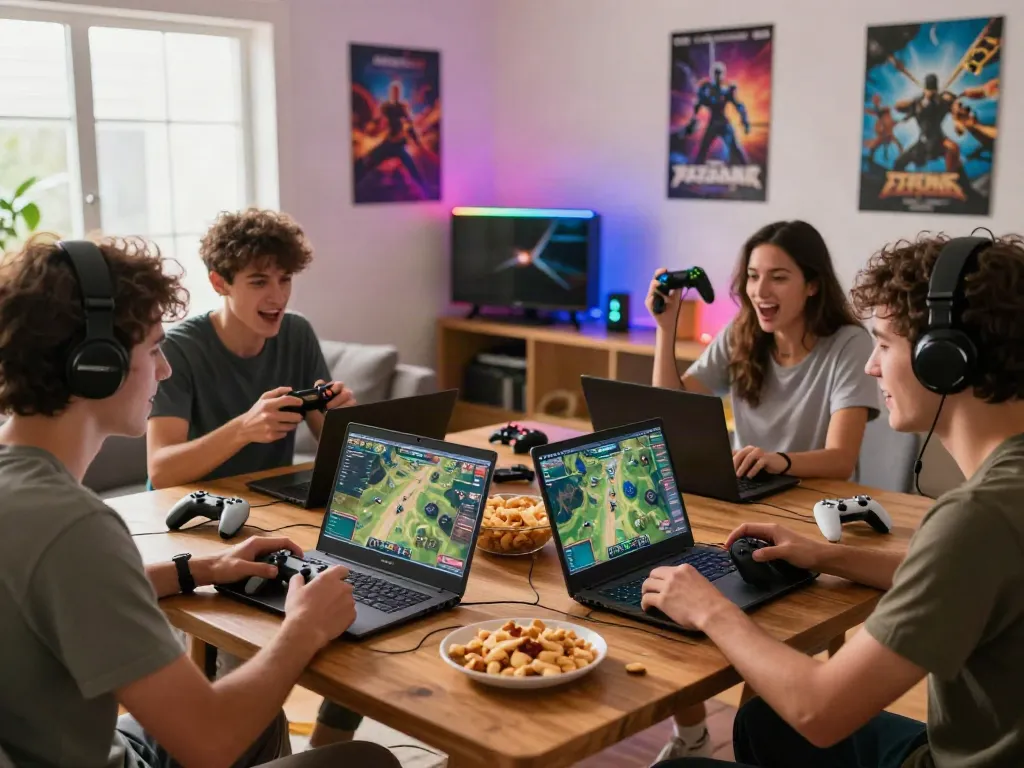 Akunjp gaming group enjoying online gameplay in a cozy living room atmosphere.