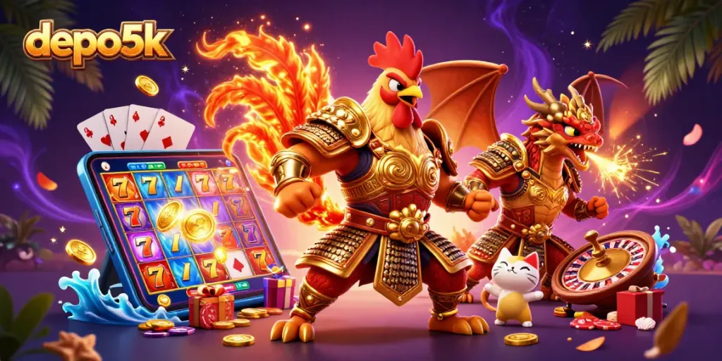 Engage with depo5k gaming by spinning reels alongside a fierce warrior in a vibrant casino scene.