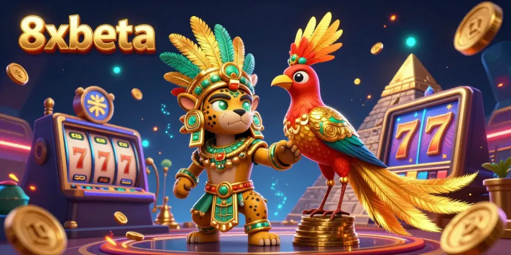 Experience the thrill of gaming with 8xbeta, featuring vibrant casino elements and captivating characters.