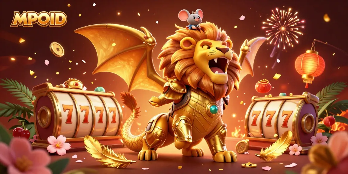 MPOID triumphantly showcases a chimera and jockey amidst a vibrant casino atmosphere rich with slots.