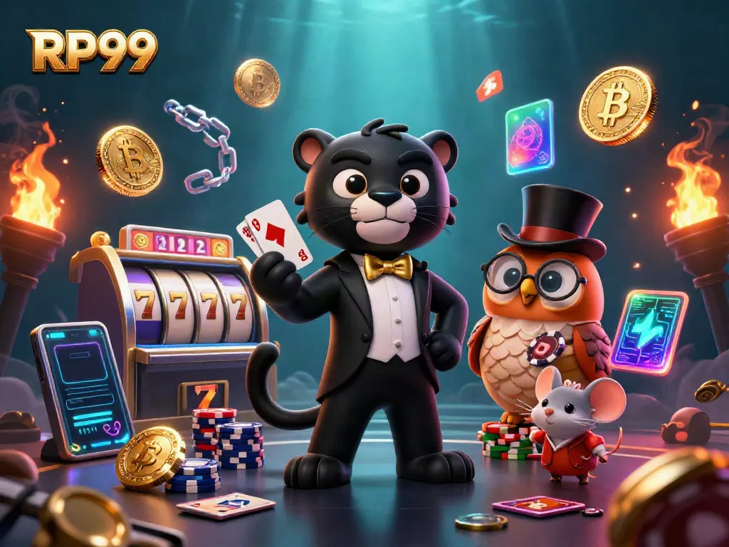 Engaging RP99 slots scene with a panther dealer, owl, and mouse in a vibrant casino setting.