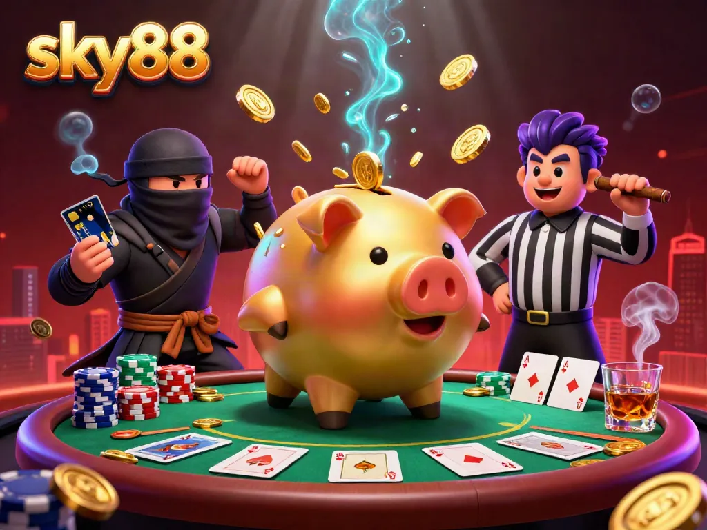 Engage in thrilling games at sky88, featuring a vibrant 3D illustration with characters and casino elements.