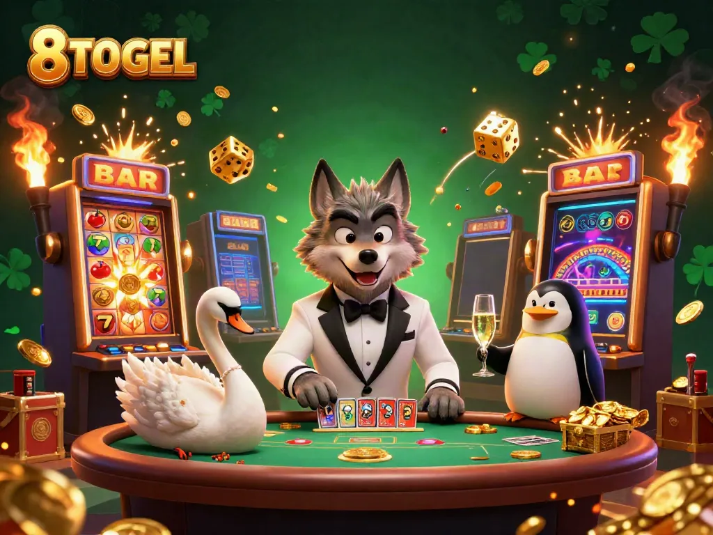 Experience thrilling casino action with 8TOGEL, showcasing vibrant characters and dynamic gambling elements in a captivating scene.