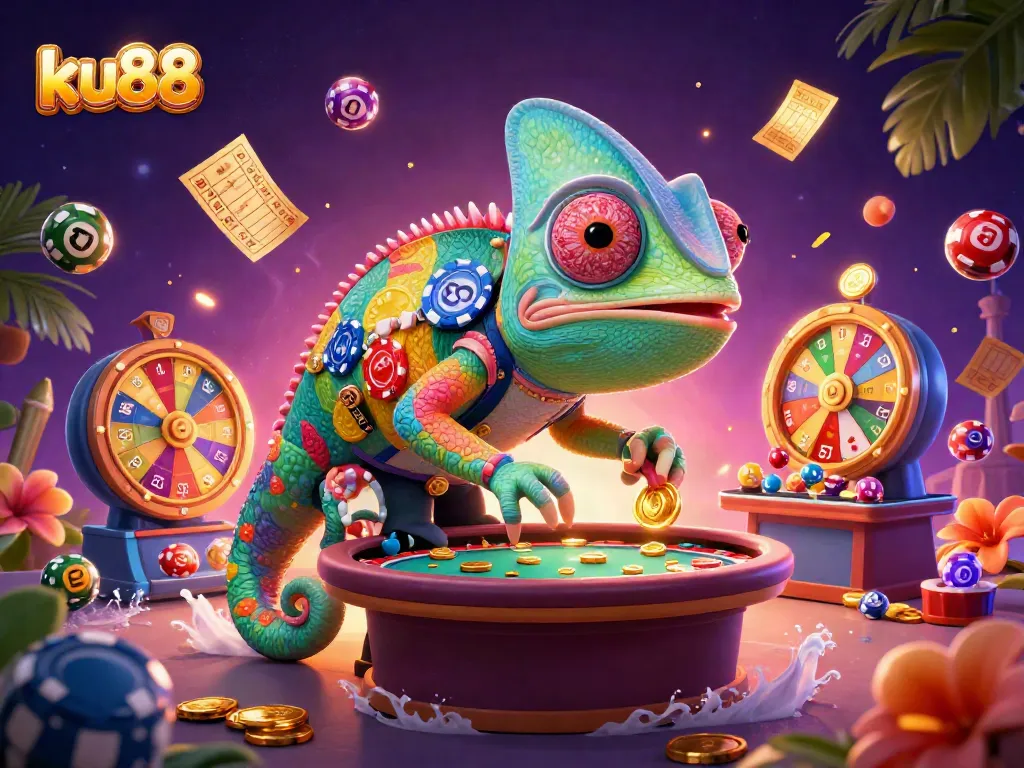 Engage with thrilling games at ku88 casino, featuring vibrant lottery balls and a color-shifting chameleon.