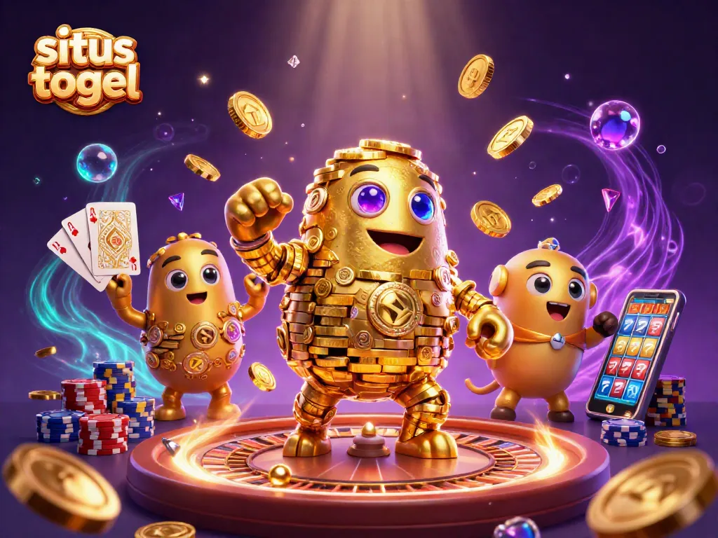 Menghadirkan situs togel dengan ilustrasi golem emas, koin berkilau, dan roda roulette yang dinamis.