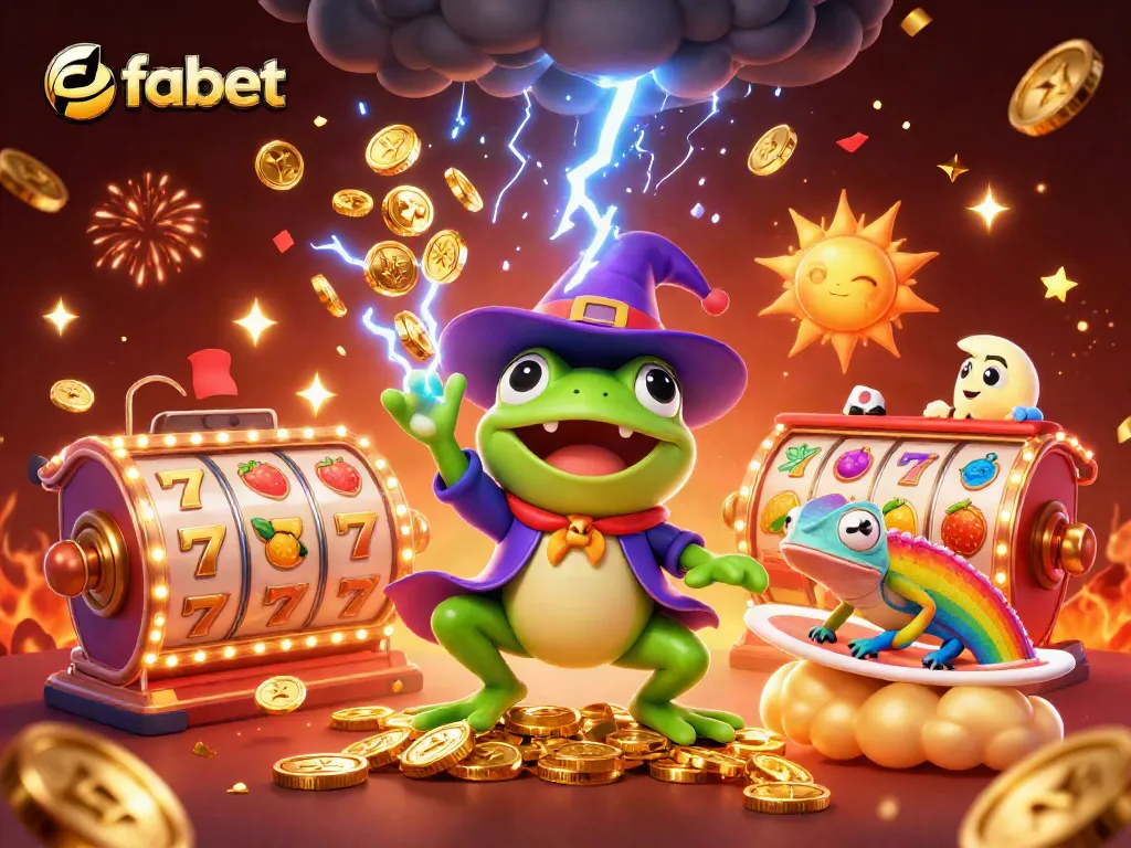 Join the fabet experience with a vibrant scene of a weather wizard frog and chameleon amidst golden slot reels.
