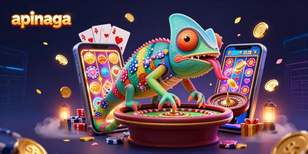 Play thrilling games at apinaga with our vibrant casino scene featuring a chameleon owner and dynamic game elements.