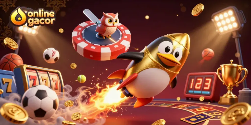 Experience thrilling action with slot online gacor as a golden penguin navigates through a vibrant casino-themed cosmos.