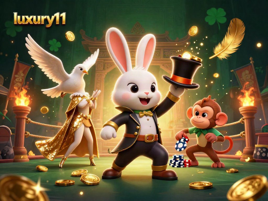 Experience luxury111 with a cartoon magician rabbit, dove, and monkey in a vibrant casino scene!