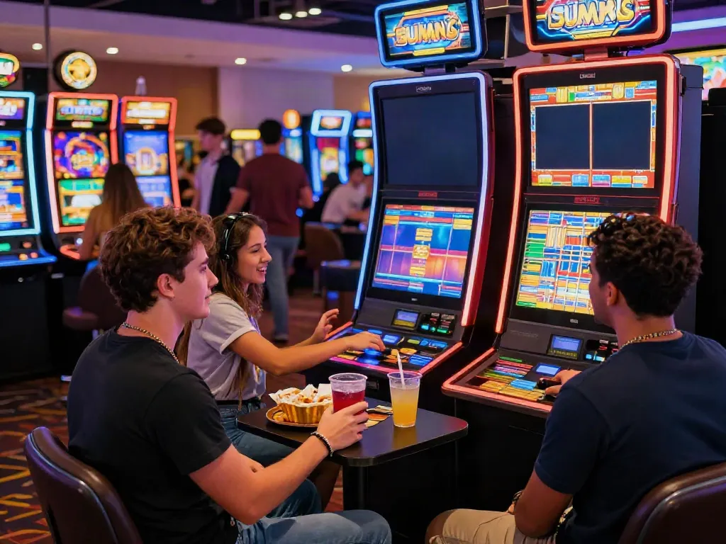 Exciting slot demo gaming scene with friends at a colorful casino.
