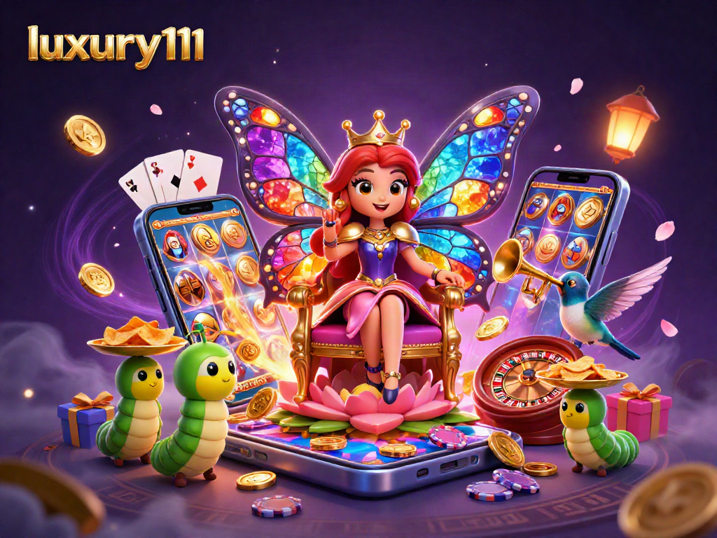 Experience luxury111's vibrant gaming scene, featuring animated casino elements and enchanting characters.