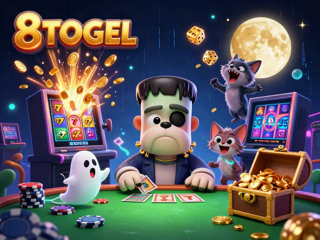 Permainan kasino menarik di 8TOGEL dengan monster anjing Frankenstein yang menampilkan kartu, dikelilingi mesin slot.