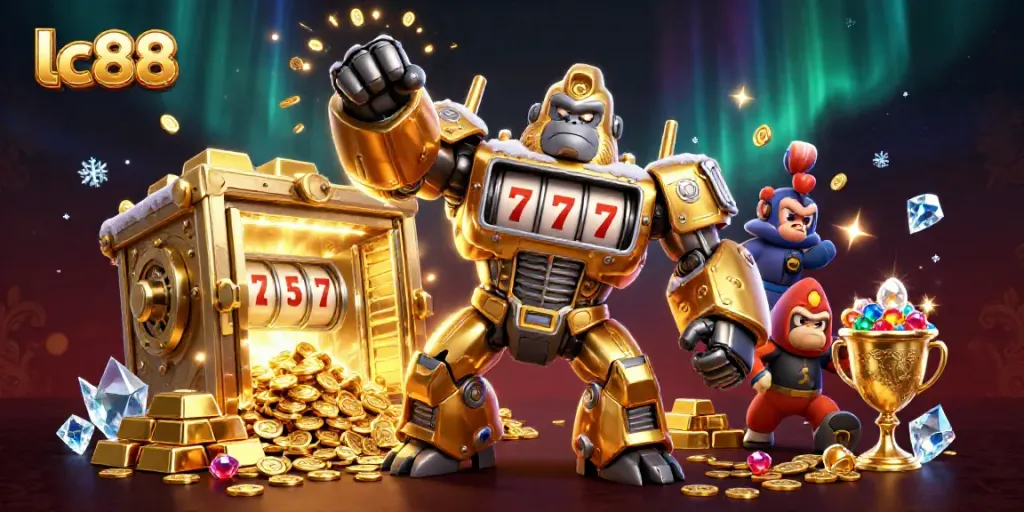 Experience the excitement at lc88 with a lively golden gorilla mech smashing through coins in a dynamic casino scene.