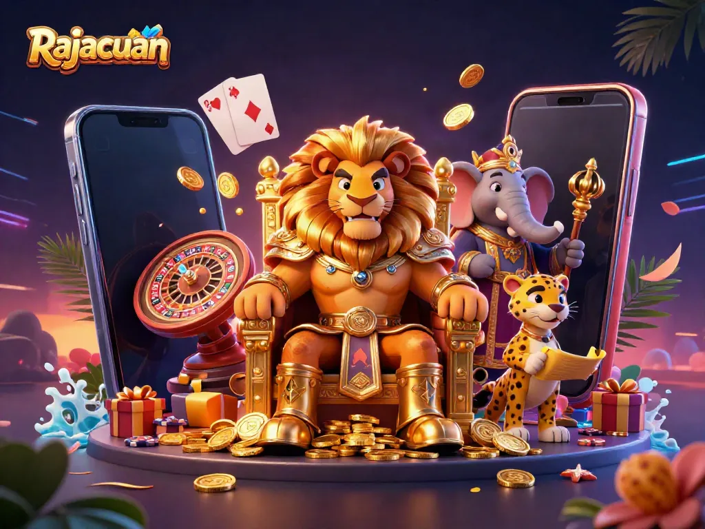 Permainan slot Rajacuan menampilkan singa raja, gajah penasihat, dan cheetah kurir yang dinamis.