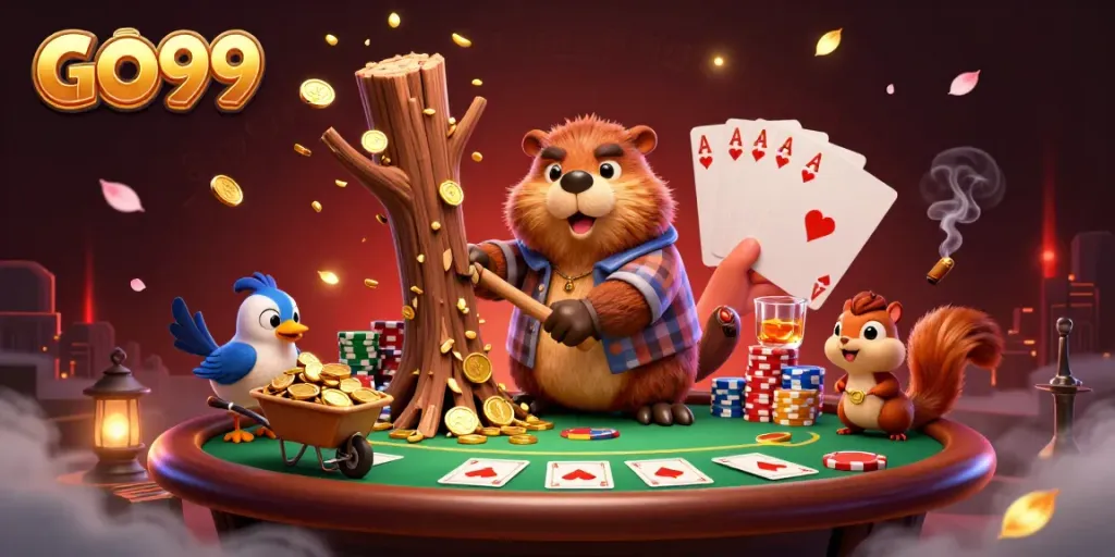 Engage with GO99 as a vibrant casino scene showcases a playful beaver collecting golden coins amidst energetic game elements.