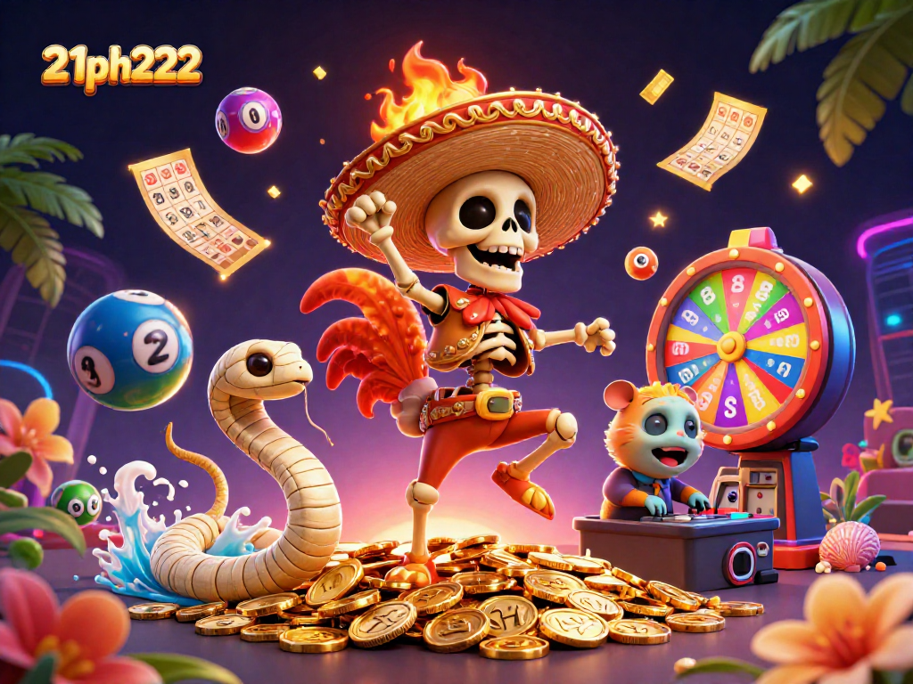 21ph222 features a festive scene with a mariachi rooster, a mummy snake, and a DJ hamster amidst colorful lottery elements.