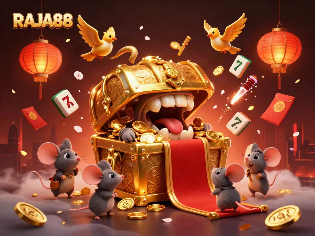 Menangkan dengan RAJA88: ilustrasi kasino dengan karakter menarik dan simbol keberuntungan.