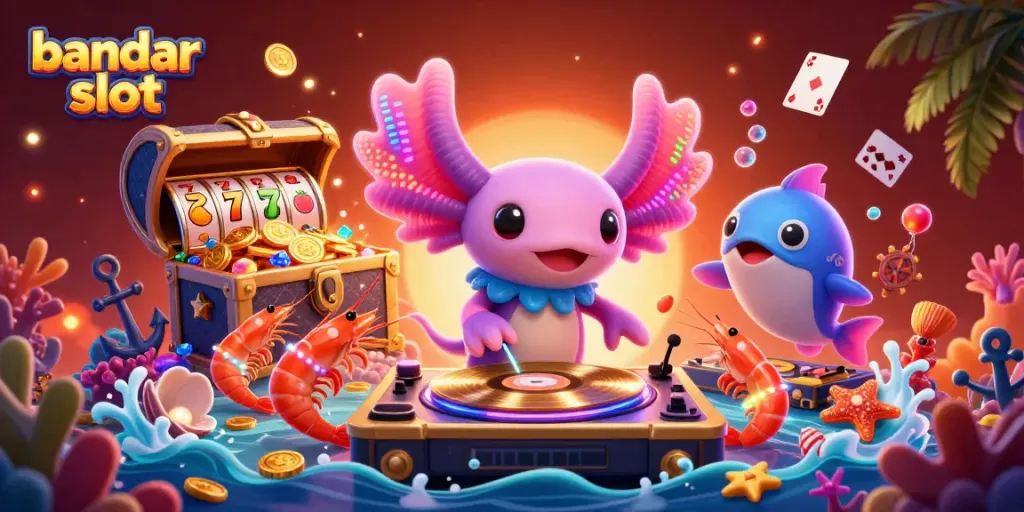 Bermain di bandar slot dengan karakter unik dalam ilustrasi 3D yang cerah dan penuh warna.