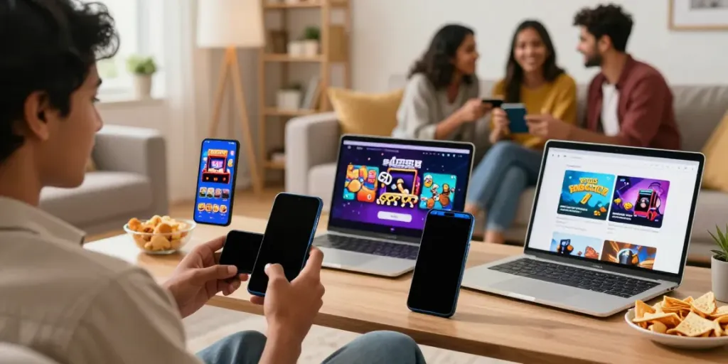 Gaming on the Yono Arcade app in a lively living room setting, showcasing mobile gaming fun.
