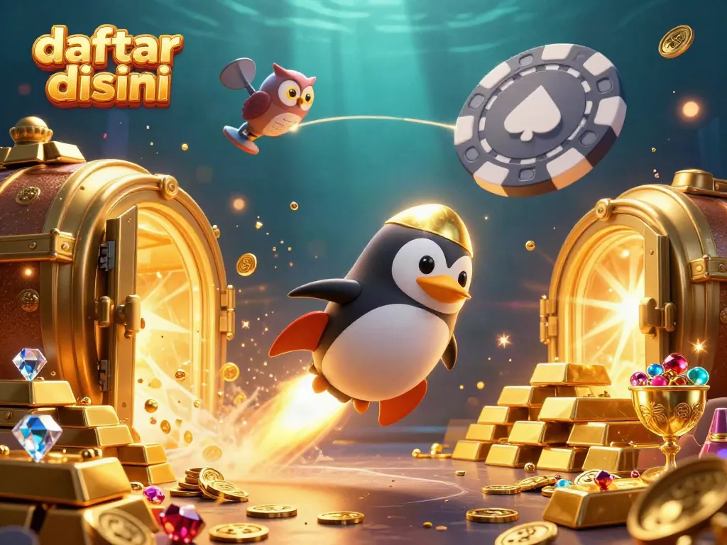 Daftar disini untuk bermain kasino dengan penguin emas dan koin berkilau dalam ilustrasi menarik.