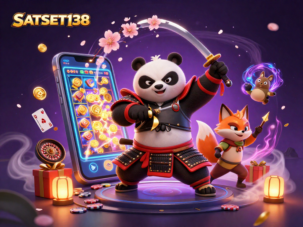 Permainan slot SATSET138 menghadirkan panda samurai dan rubah ninja dalam ilustrasi menarik.